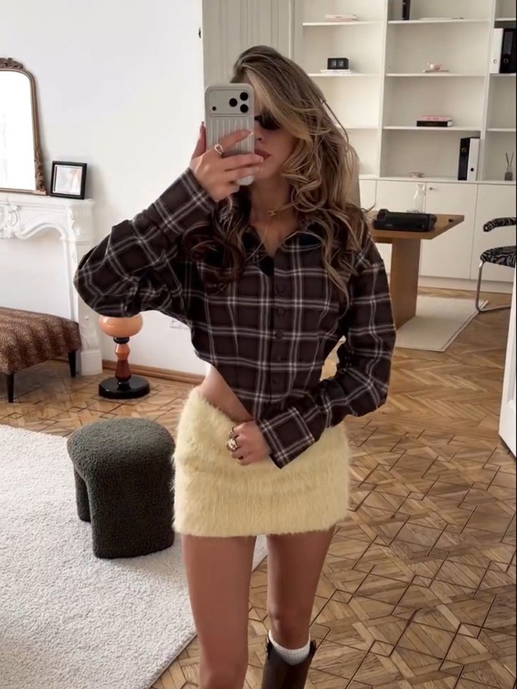 Mens Linen Shirt Long Sleeve - Women Chic Brown Plaid Check Shirt