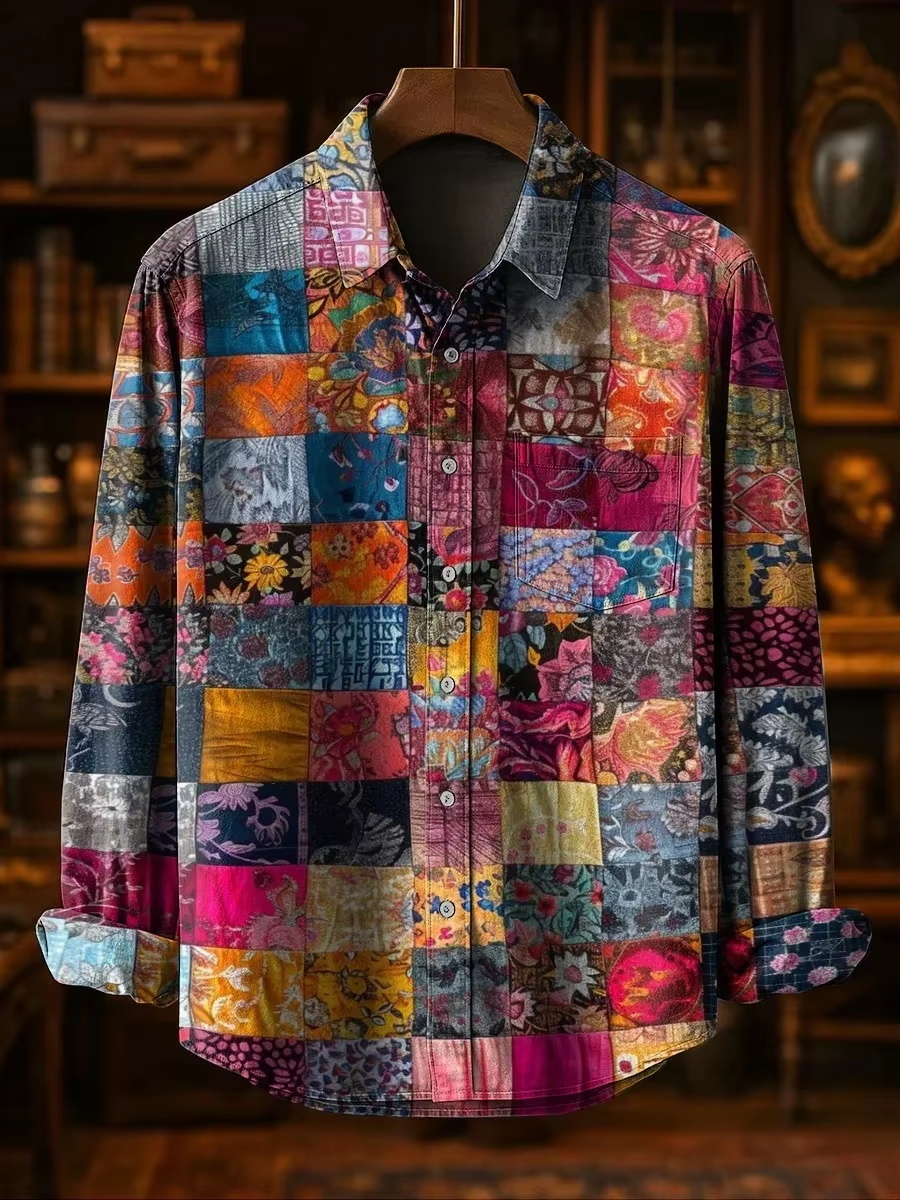 Mens Linen Shirt Long Sleeve - Men's Fashion Casual Fashion Patchwork Design